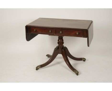 A GEORGE III MAHOGANY SOFA TABLE, the rectangular top with twin drop-flap ends, above two frieze drawers with brass handles, 