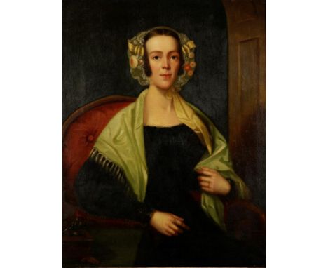 ENGLISH SCHOOL, 19th century A portrait study of a lady wearing a lace bonnet and shawl and sitting on a button-back chair, i
