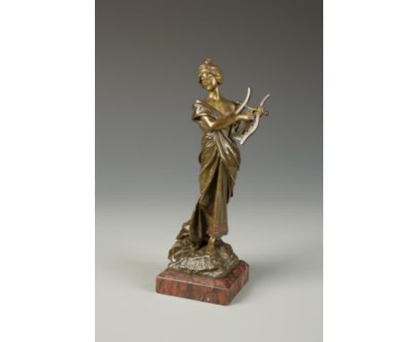 EMMANUEL VILLANIS (1858-1914) "SAPHO: A CAST, PATINATED COLOURED BRONZE of a young woman playing a harp, with cast signature 