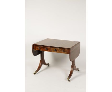 A LATE GEORGE III ROSEWOOD AND SATINWOOD STRUNG SOFA TABLE, the rectangular top with drop flap ends, above two frieze drawers