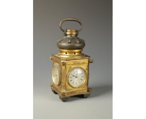 A VICTORIAN NOVELTY CLOCK in the form of a lantern, each side mounted with a clock, barometer, thermometer and day of the wee