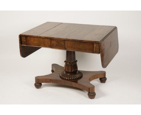 A GEORGE IV MAHOGANY SOFA TABLE, the rectangular top with drop-flap sides above two concealed frieze drawers, on turned and l