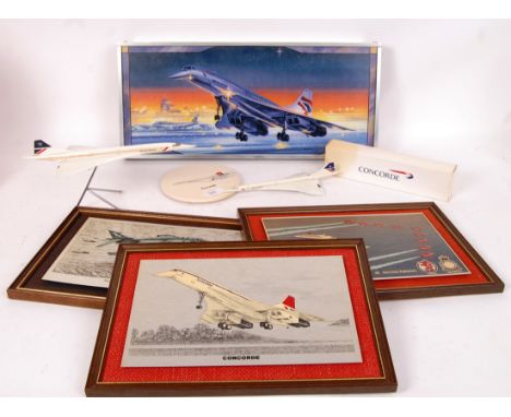 A collection of assorted Concorde related memorabilia, to include several prints (some signed) 'Concorde Landing,' 'Go Concor