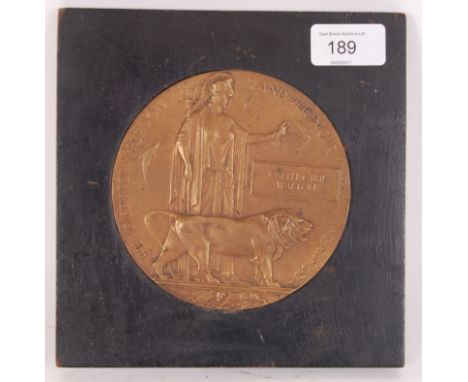 An original WWI First World War ' Death Penny ' Memorial Plaque to a Joseph Cyril Walton. Loosely placed within an ebonised f