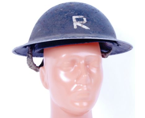 An original WWII Second World War ARP style uniform helmet with 'R' (Rescue) to front & reverse. With strap. 