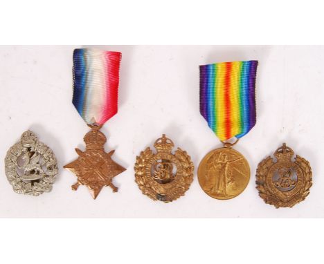 A pair of WWI First World War medals belonging to 17150 Sapper J Sheppard of the Royal Engineers. Along with 3x cap badges. 