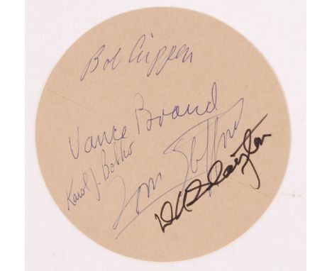 A rare set of three space travel interest autographs. An original paper label commemorating the Apollo-Soyuz Test Project in 