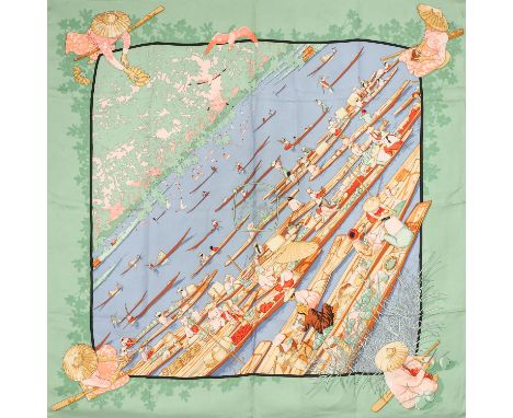 AUFLÖSUNG EINER SAMMLUNG. HERMÈS Seidencarré "MARCHÉ FLOTTANT DU LAC INLÉ", by Dimitri Rybaltchenko, Entwurf erstmals erschie
