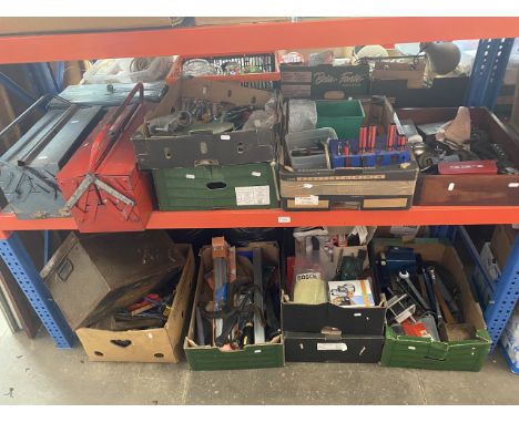 9 boxes and 3 toolboxes full of various tools, garageware, etc. 