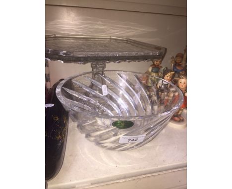 Antique hobnail cut glass cake stand and a Heritage cut glass crystal bowl 