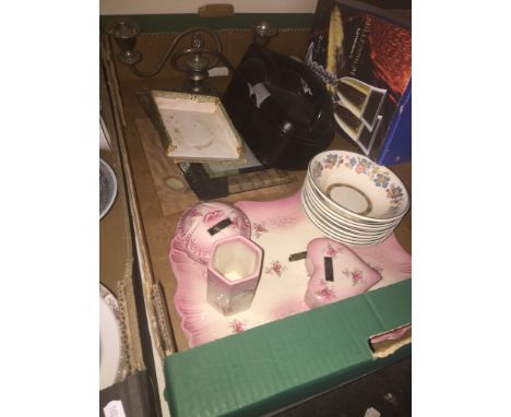 A mixed box to include dressing table set, plated candelabra, Myott dishes, picture frames etc 