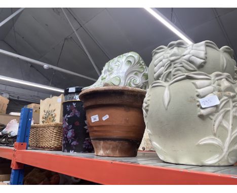 2 Jasperware style planters, a terracotta planter with decorated rim, a pottery white and green planter, 2 paper bins, a wick