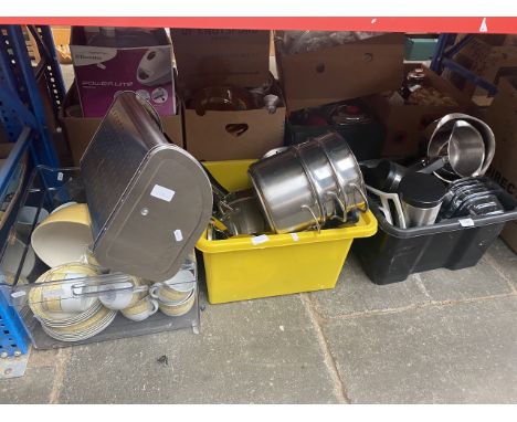 2 boxes of stainless steel items, kitchenware, pots, etc and a box containing part Wedgwood "Florence" tea / coffee / diner s
