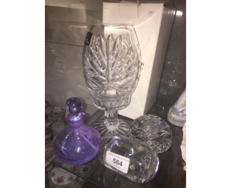 A Royal Doulton cut glass vase, 2 Galway glass paperweights, and a Caithness style bottle with stopper 