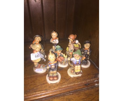 8 Hummel figures made 1960-1972"Little Hiker" holding a stick has a repair done on the top of the stick."Chick Girl" has craz