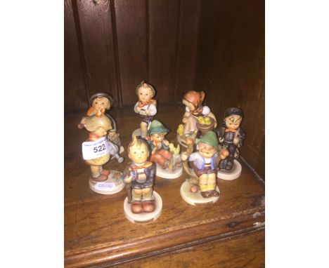 8 Hummel figures made 1960-1972"Little Hiker" holding a stick has a repair done on the top of the stick."Chick Girl" has craz