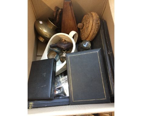 A box of collectables including Jasperware with silver rims, EPNS, treen, metronome, brassware, etc. 