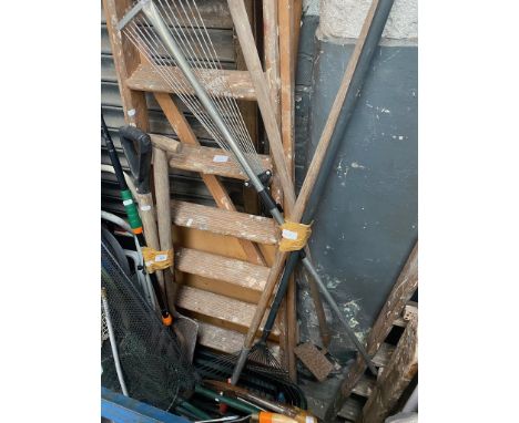 3 bundles of garderning equipment and wooden ladder 