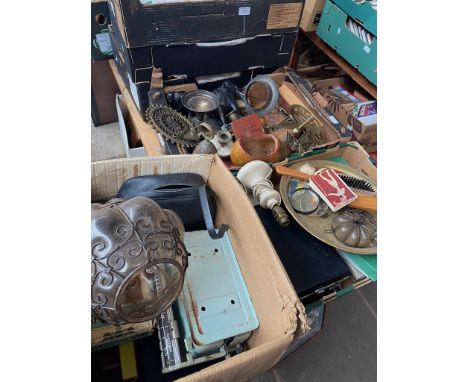 3 boxes of misc to include metalware, platedware, brass, collectables, old light shade, treen, etc. 