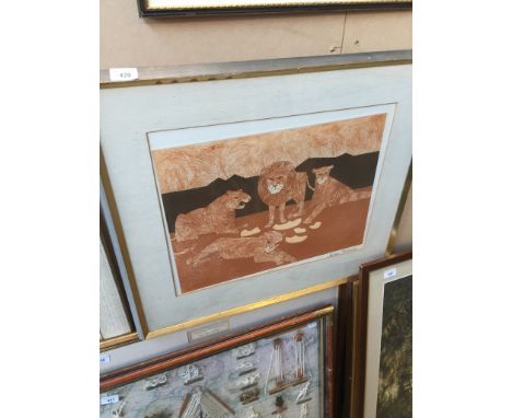 A retro colour print 'Lions' signed. 