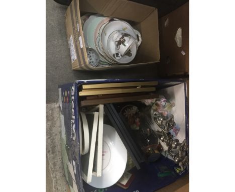 2 boxes of miscellaneous items including framed prints, pottery, plates, candelabra, barometer etc 