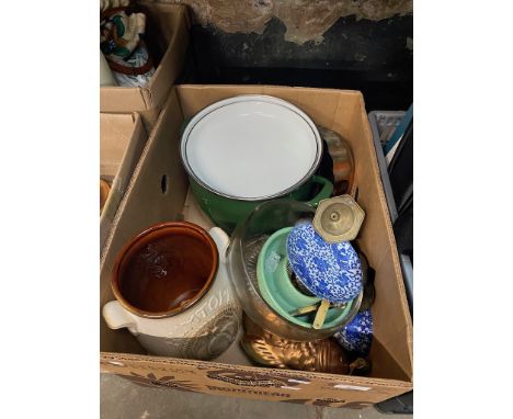 2 moulds, large enamel stockpot approx 20cm high, and West German pottery Rumtopf 