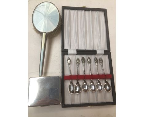 HM Silver cigarette or trinket box, silver guilloche enamel brush, set of 1940/50s Dutch royalty spoons 