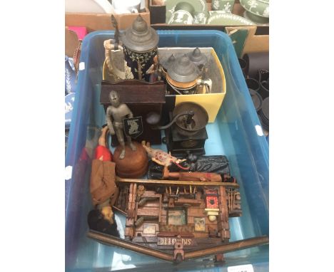 Box of various items including Steins (one musical), woodenware, dolls, desktop lighter 