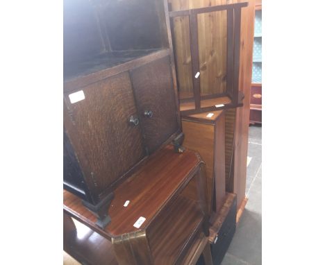 Eight items of furniture; an oak cabinet, a card table, a two tier side table, a teak drop leaf table, a stick stand, an adju