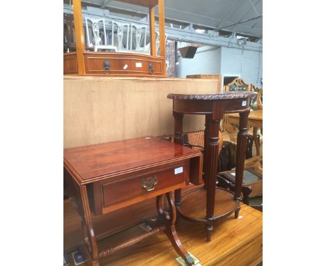 An Ancient Mariner mahogany side table, a yew wood side table with drawer and drop leaf sofa table. 