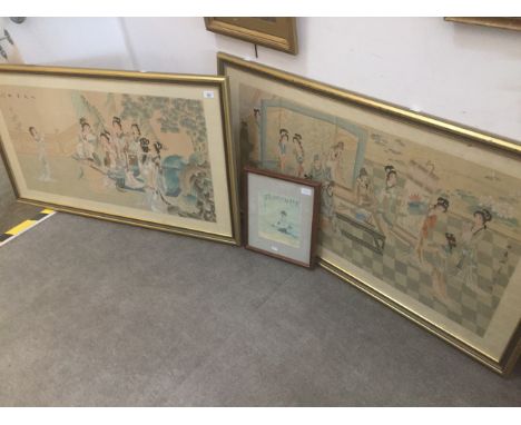 A pair of large Japanese prints on silk, 101cm x 50.5cm, glazed and framed and one other Japanese print, 17cm x 17cm, framed 