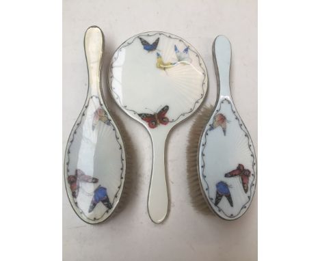 1920's vintage Art Deco HM silver & guilloche butterfly enamel hand mirror & brushesCondition Report: the enamel is in good c