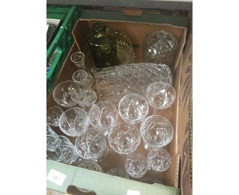 A box of glassware including large cut glass vase, bowl and various drinking glasses etc 