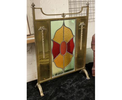BRASS &amp; STAINED GLASS FIRE SCREEN 68CMS (H) APPROX