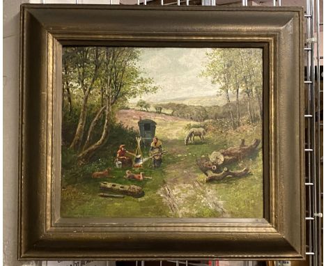 OIL ON BOARD OF GYPSY CAMP ''OUTDOOR COOKING'' 36.5CMS (H) X 43CMS (W) APPROX