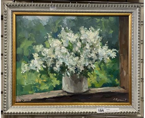 ANDREI KULAKOV (BORN 1958) ''A STILL LIFE OF FLOWERS IN VASE ON WINDOWSILL'' 2000'S OIL ON CANVAS 35CM X 45CM