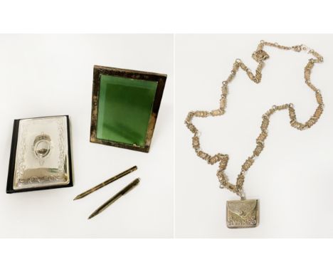 COLLECTION OF SILVER JEWELLERY/BOOK/PENS &amp; SILVER PLATE ASPREY FRAME