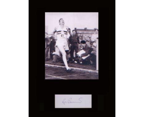 Four Minute Mile. Signature of Roger Bannister, completing the first sub-four minute mile race. Professionally mounted in bla