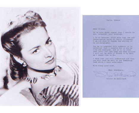 Olivia DeHavilland. Undedicated typed letter signed with routine fan content together with unsigned 10”x8” portrait. Excellen