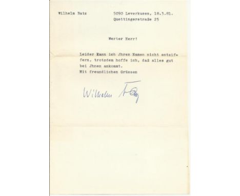 Major Wilhelm "Willi" Batz signed typed letter 1981. 21 May 1916 - 11 September 1988 German Luftwaffe fighter ace. Willi Batz
