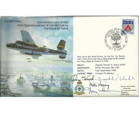 Four US WW2 fighter aces signed B37 First Operational Use of the Mitchell by the Royal Air Force. Cover of N.A.Mitchell Pearl