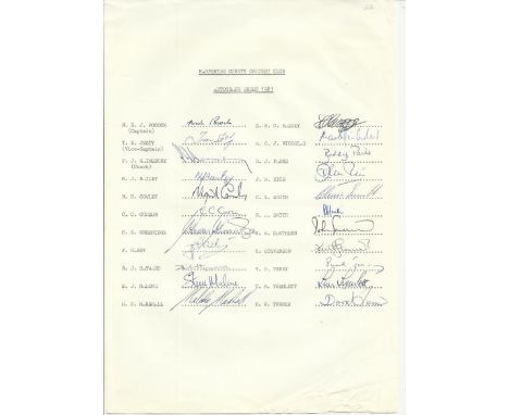 Hampshire County cricket club 1981 season signed team sheet. Signed by Pocock, Jesty, Sainsbury, Bailey, Cowley, Curzon, Gree