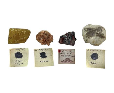 Minerals Red Quartz, Cumbria, 4cm x 3.5cm. Aragonite, Morocco, 3cm x 3.4cm. Honey Opal, Tanzania, 6cm x 4cm. Stourolite Cross