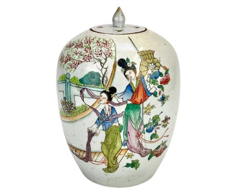 A Chinese ovoid porcelain jar and a matched cover. Circa 1900, painted in polychrome with a lady with a basket, and another w
