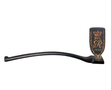 A George III painted wood ceremonial axe.  Painted with GR III monogram and the word 'Peace' beneath a crown, within a laurel