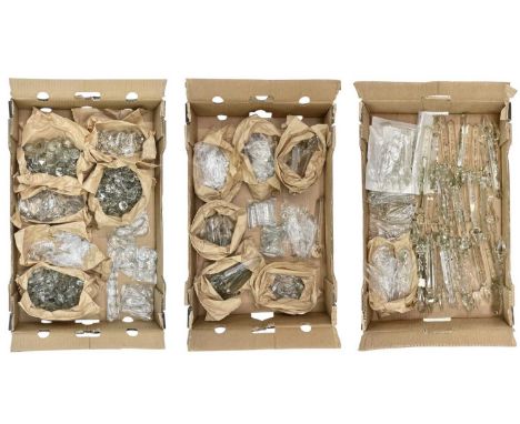 A vast quantity of assorted glass chandelier drops. Across three boxes, various sizes and shapes.