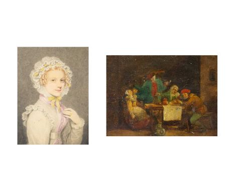 Dutch School, 19th century.  Figures around a table, in a tavern interior.Oil on panel, 13X17.5cm, framed 23X27.5cm, together