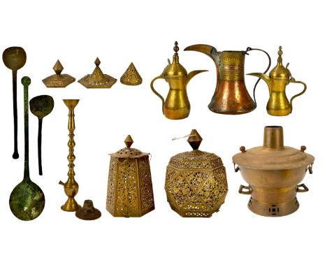 A collection of brassware. Including lanterns, dallah pots and cookware.