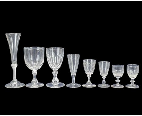 A collection of eight 19th century and later glasses. Incuding a rummer, with basal facets, a Georgian style champagne flute,