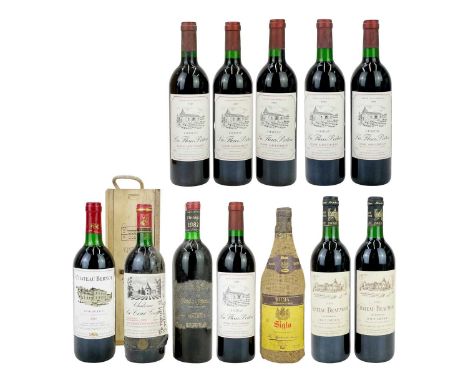 Six bottles of Chateau La Fleur Poitou Lussac Saint-Emilion 1989. Contained within a wooden crate, with two bottles of Chatea
